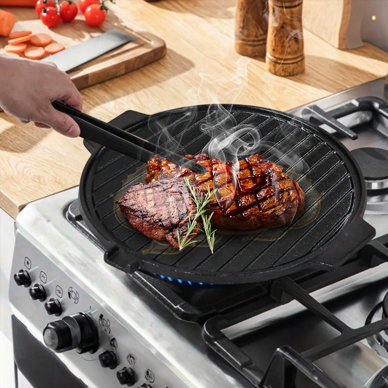 SOGA 2X 30CM Round Cast Iron Korean BBQ Grill Plate with Handles and Drip Lip image number null