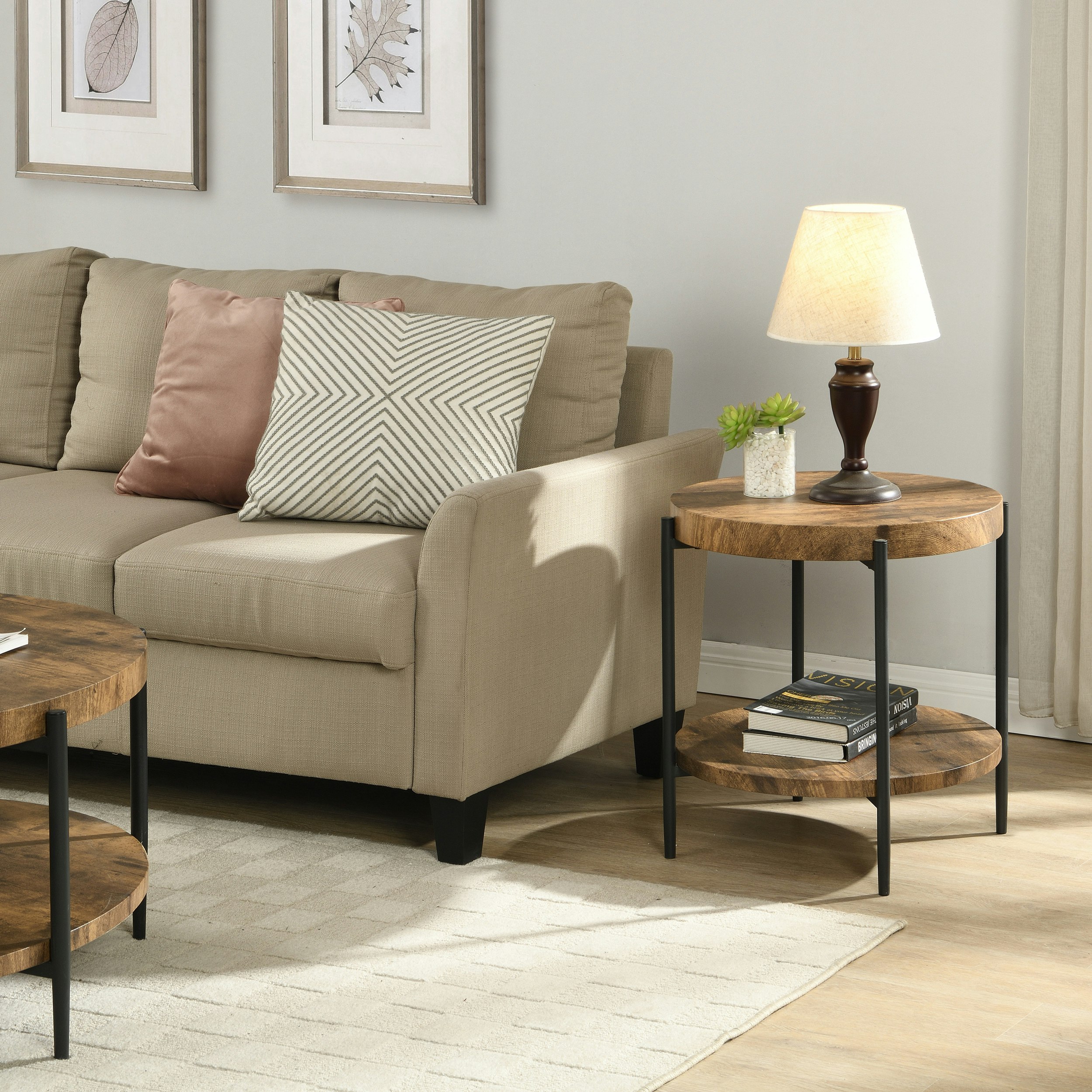 IHOMDEC 2-Tier Wooden Round Side Table with 4 metal legs Rustic Dark Brown