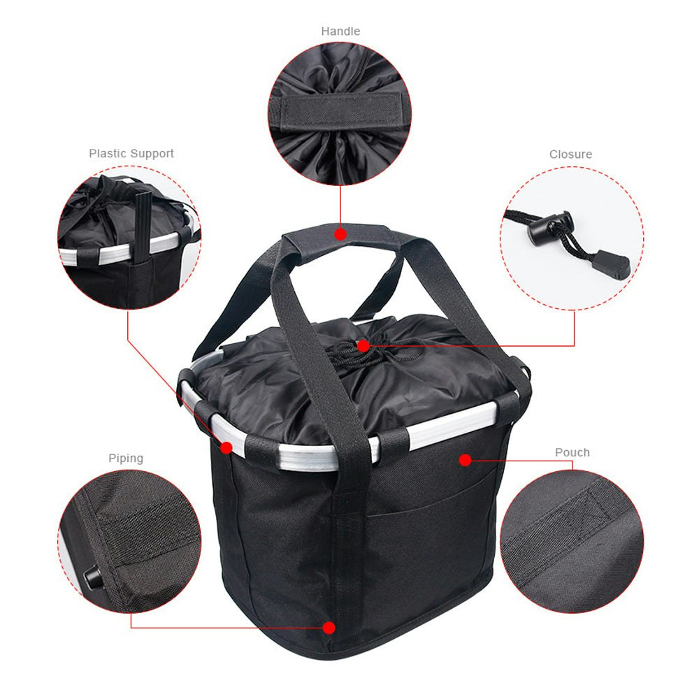AKEZ Foldable Aluminium Alloy Frame Bike Front Basket Detachable Bag Pet Storage E-Bike Bicycle Accessories - Black