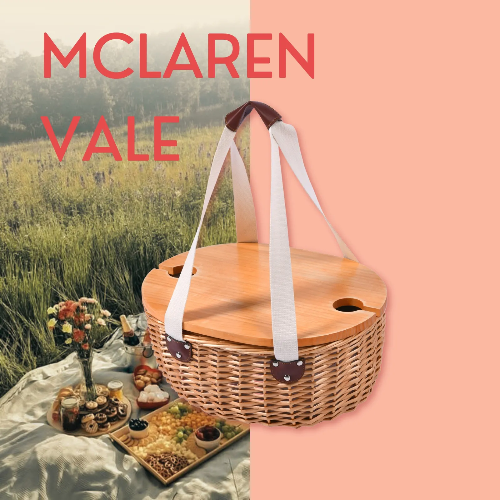 Vibes McLaren Vale 2 Person Oval Insulated Wicker Basket with Folding Table Natural & Cream
