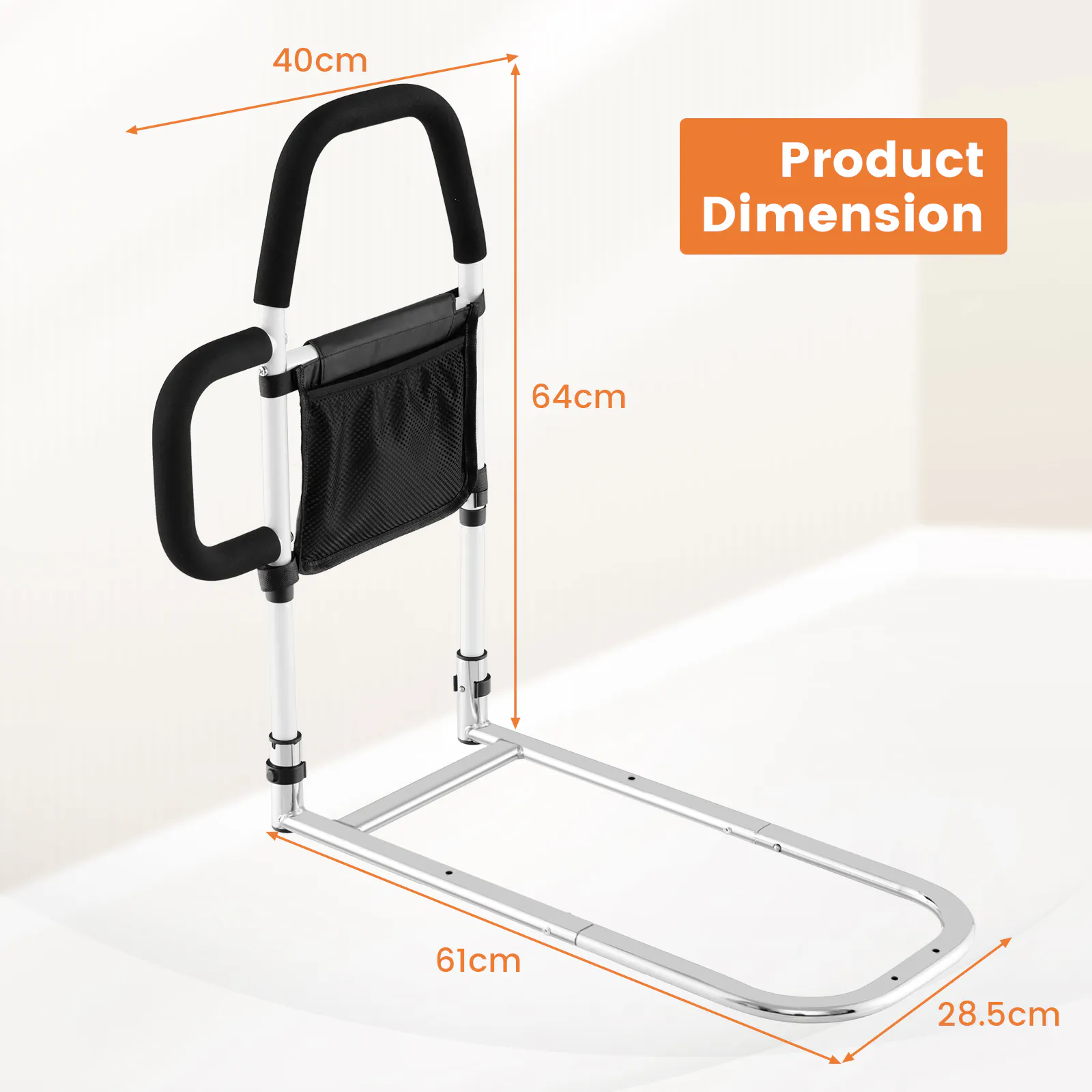 Costway Bed Rail Dual Handle Aid Handrail Get Up Assist Bar w/Pocket & Security Strap, White