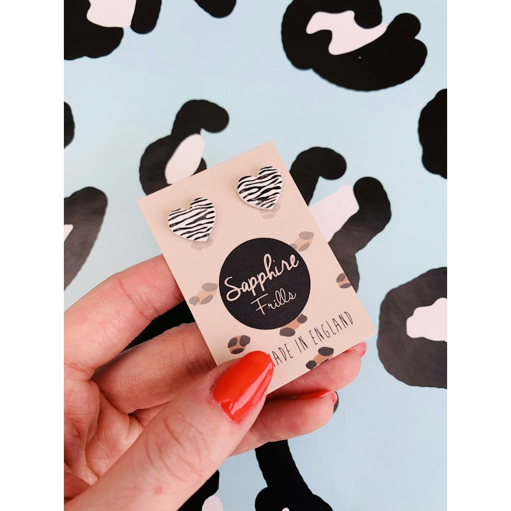 Sapphire Frills Small White Zebra Print Heart Stud Earrings