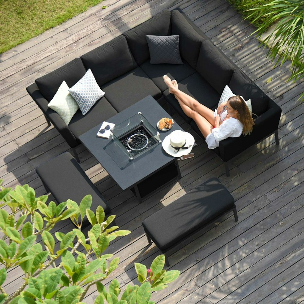 Maze Outdoor Fabric Pulse Square Corner Dining Set - With Fire Pit Table