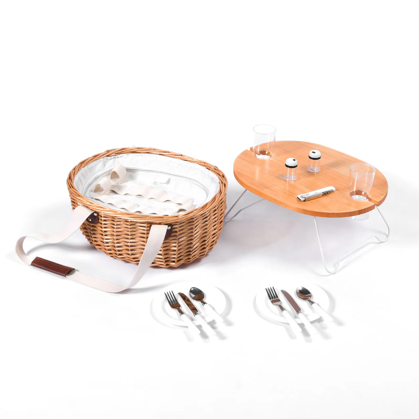 Vibes McLaren Vale 2 Person Oval Insulated Wicker Basket with Folding Table Natural & Cream
