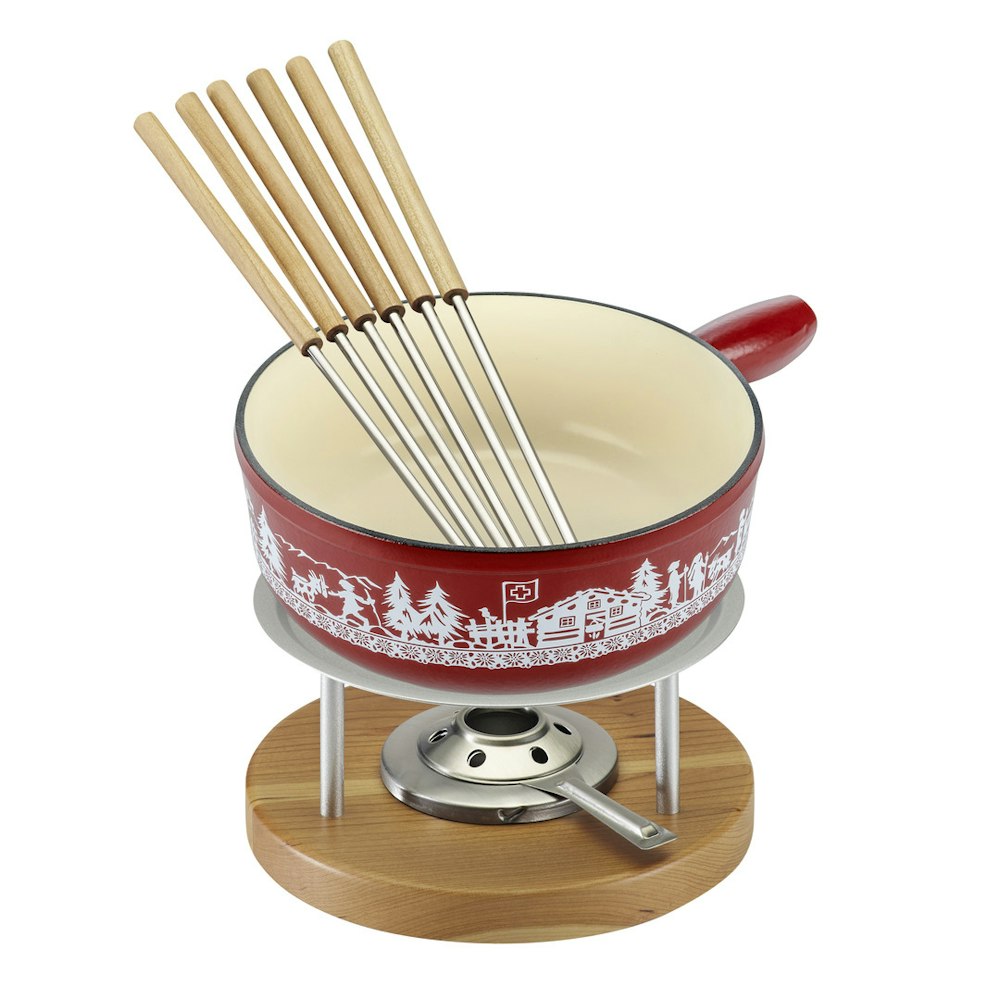 Kuhn Rikon Cheese Fondue Set Induction Cast Iron Red Alpine Meadow 24cm ...