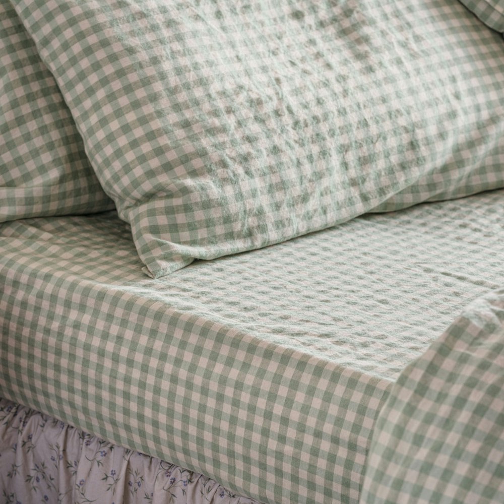Piglet in Bed Sage Green Gingham Linen Blend Fitted Sheet