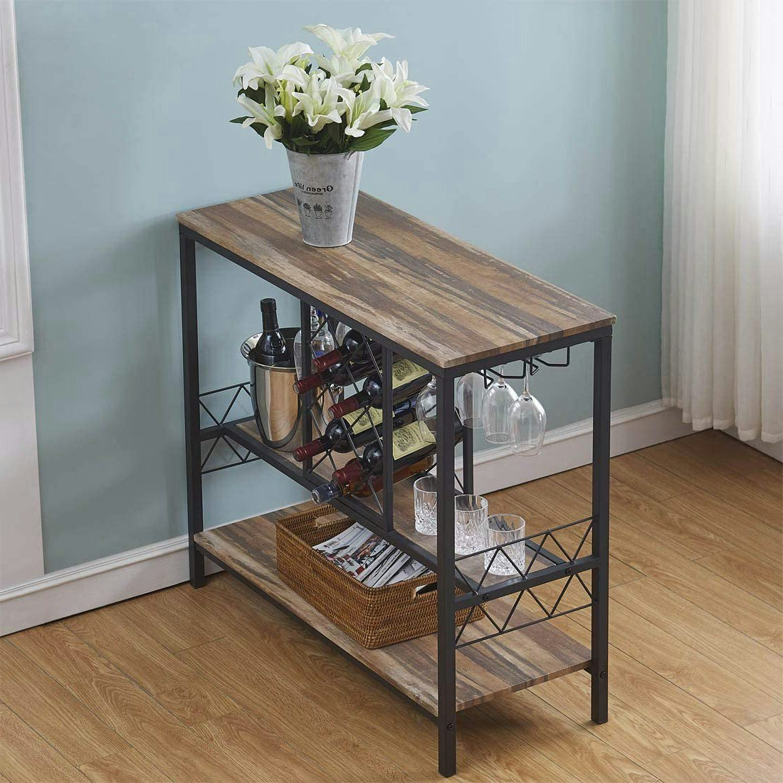 IHOMDEC Industrial Wine Rack Table with Glass Holder Brown