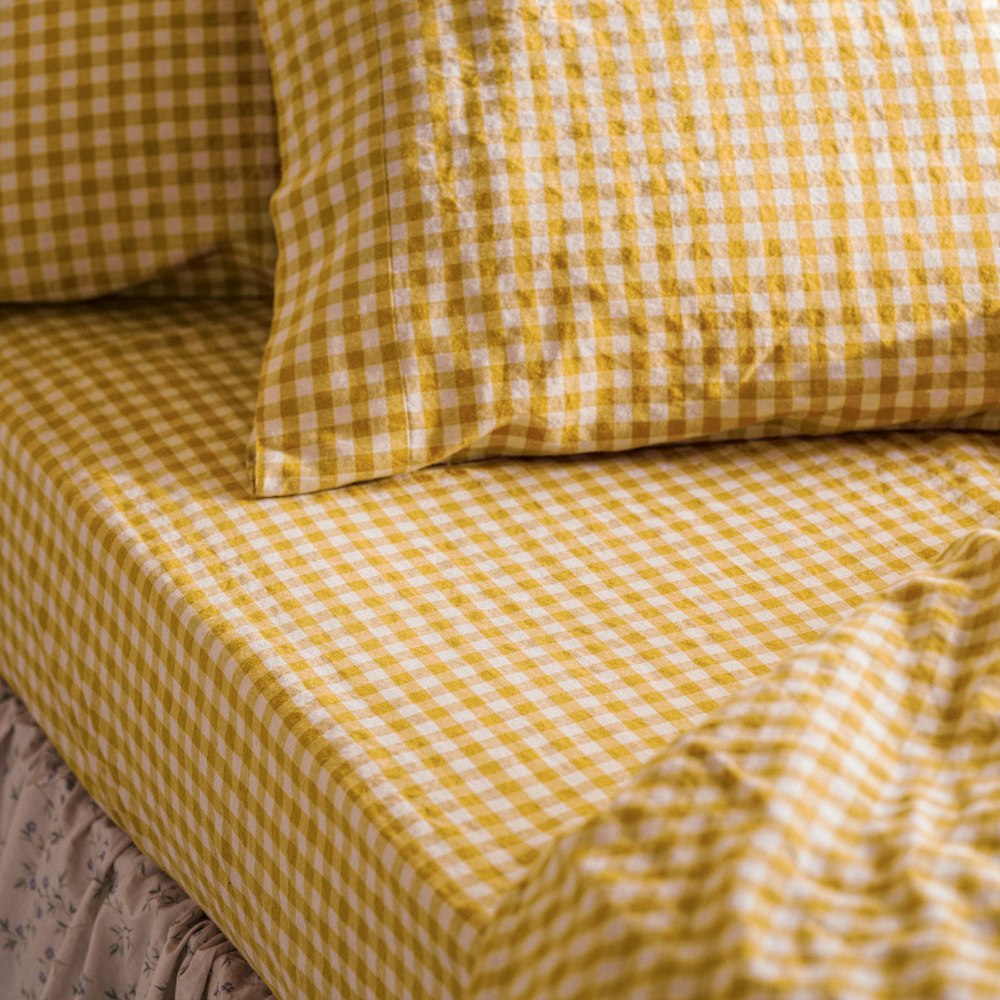 Piglet in Bed Honey Gingham 100% Linen Fitted Sheet
