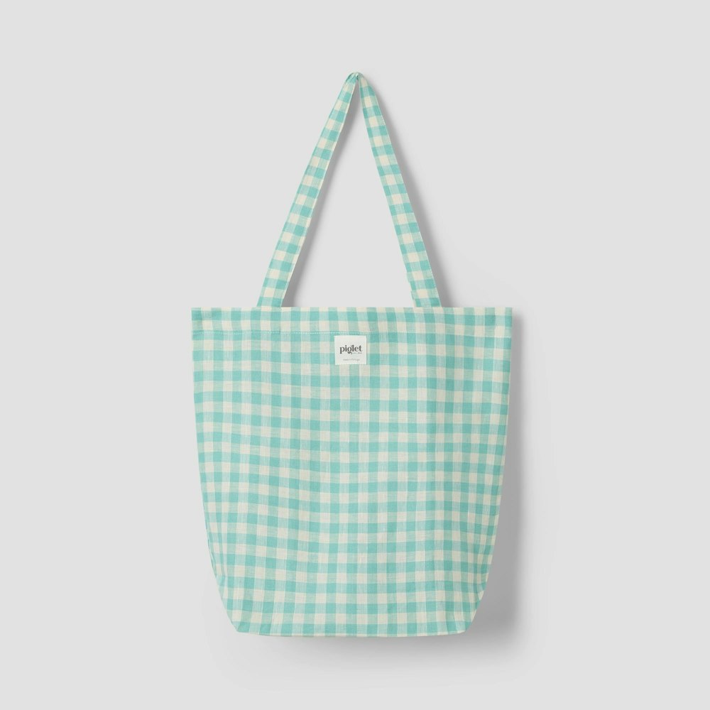 Piglet in Bed Pistachio Gingham 100% Linen Tote Bag