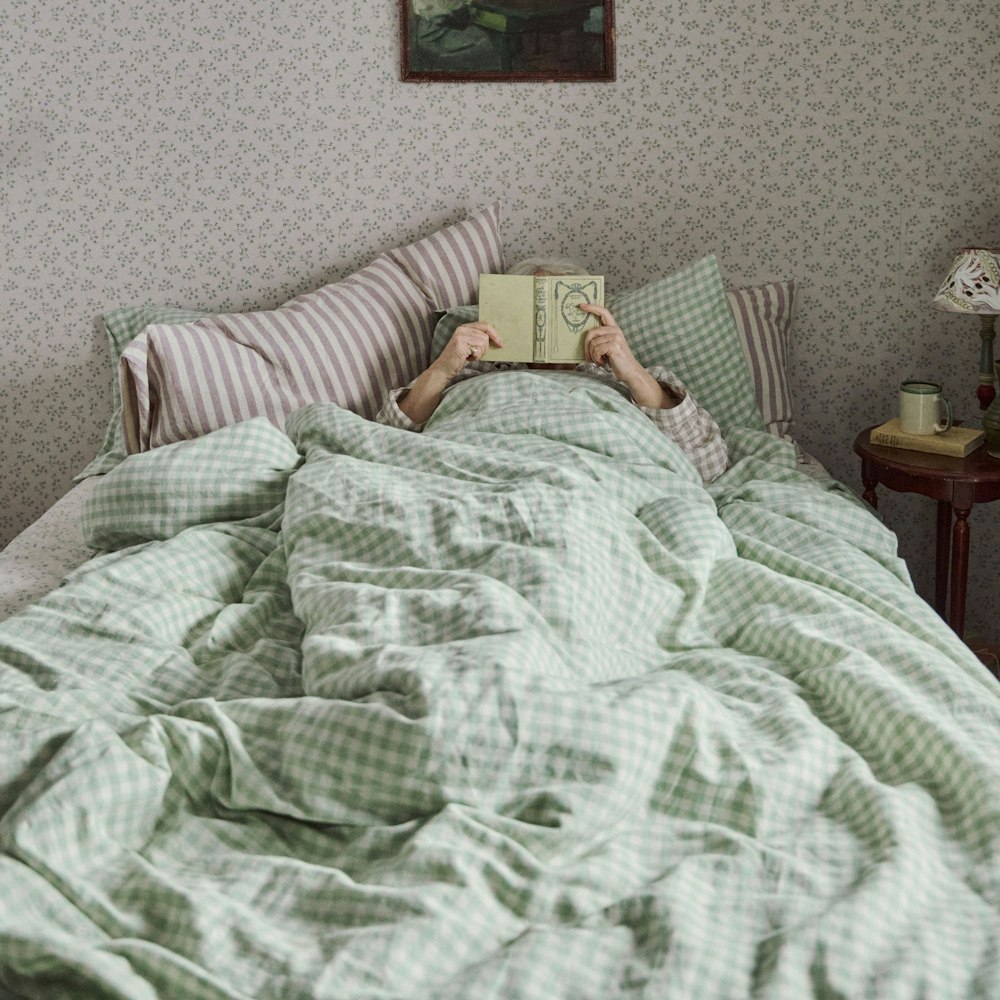 Piglet in Bed Sage Green Gingham Linen Blend Duvet Cover