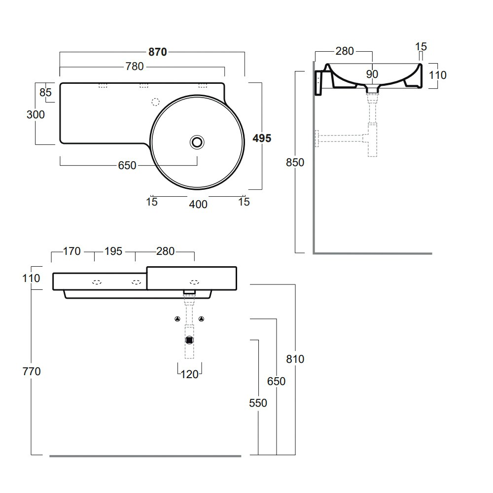 Simas FL05 87SK Tondo Flow 87 Ceramic Wall-Hung Washbasin 1 Tap Hole Gloss-White